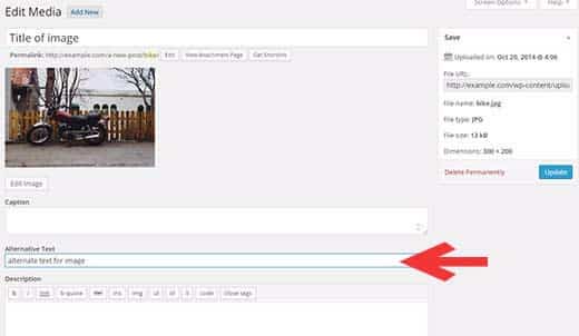 You can also add alt text to an image by visiting Media » Library and clicking on the Edit link below the image.