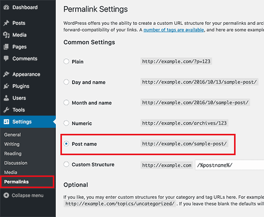 WordPress permalinks settings