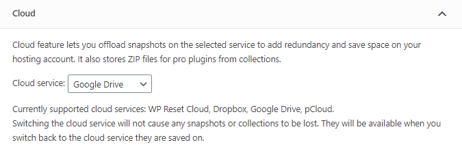 WP Reset cloud options