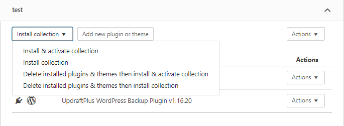 WP Reset collection options