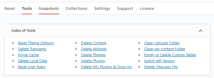 WP Reset resetting options