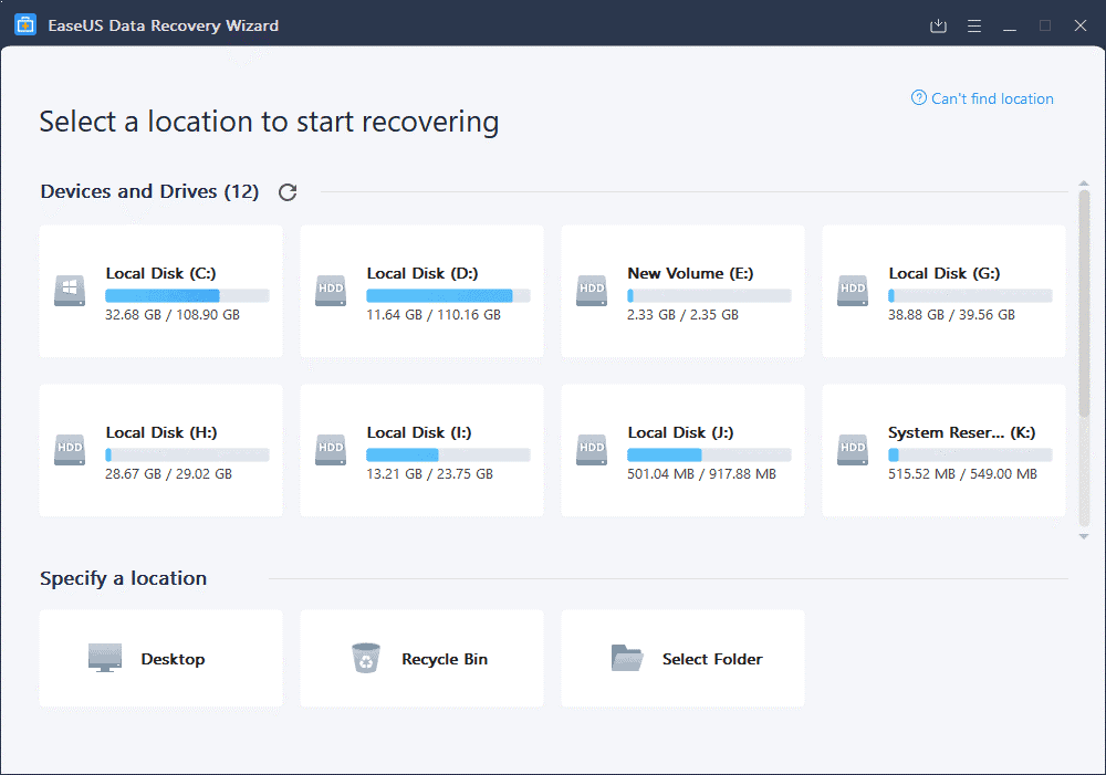 EaseUS Data Recovery Wizard dashboard 