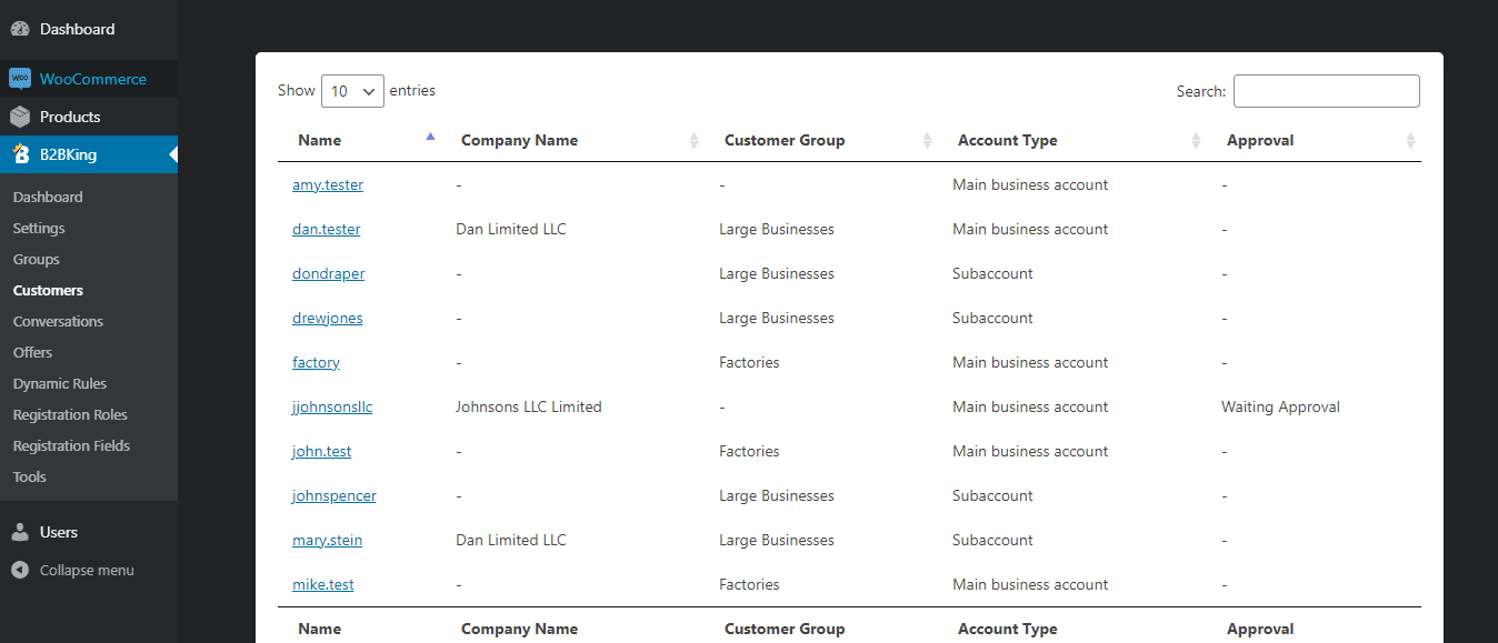 B2BKing customers tab