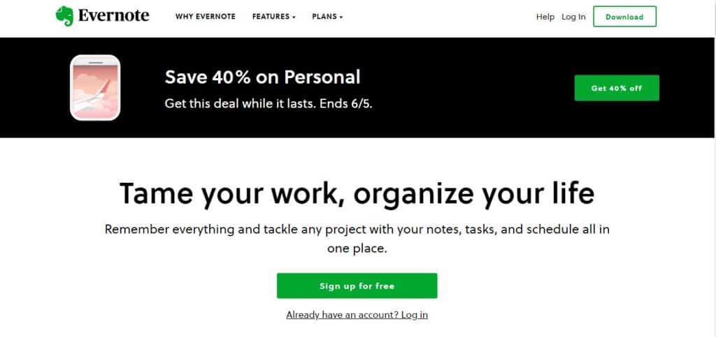Evernote landing page