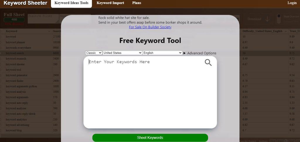 Keyword Sheeter landing page