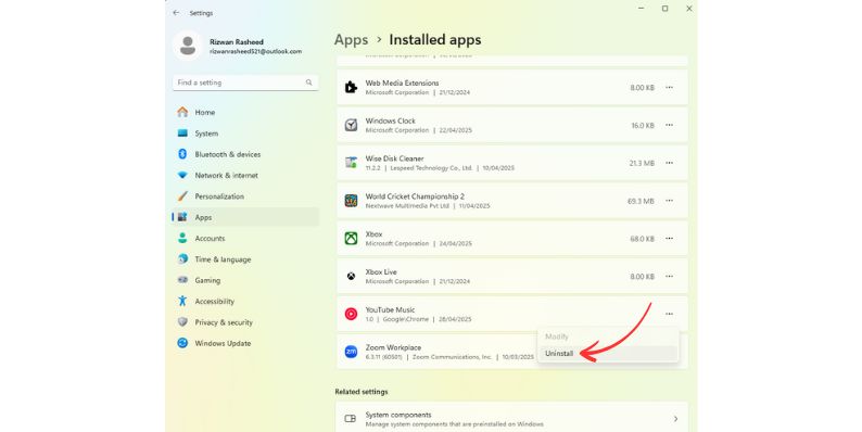 Uninstall YouTube Music Desktop App from from Windows Settings