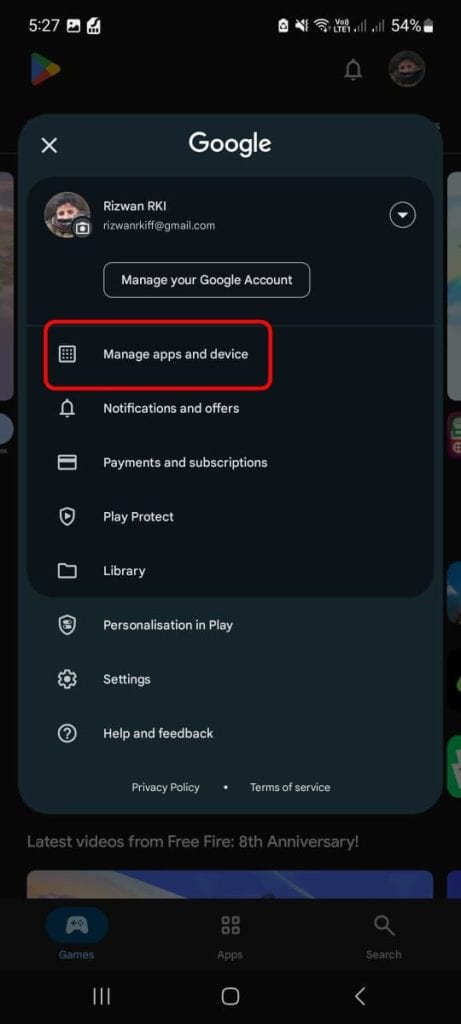 A menu will appear. From this menu, tap on the option that says “Manage apps & device.”
