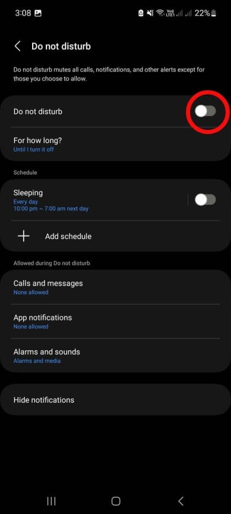 Settings Menu to Turn Do Not Disturb On or Off on Android