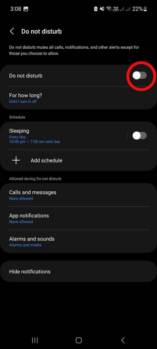 Settings Menu to Turn Do Not Disturb On or Off on Android