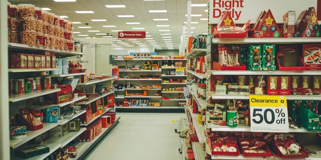 a grocery store aisle filled with lots of food product photo, ecommerce listing, walmart online store