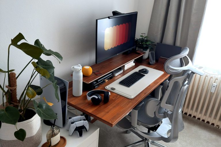 A modern home office desk setup with a computer and chair. freelance developer, minimalist coding interface, zen workspace
