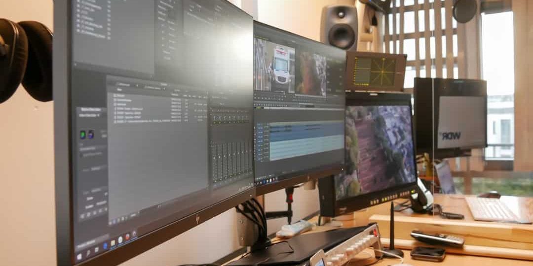 black flat screen computer monitor on brown wooden desk video editing software timeline proxy editing