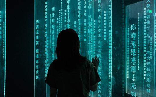 silhouette of woman standing in front of blue light system integration, cyber infrastructure, data flow