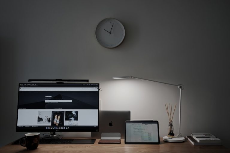 turned on black flat screen computer monitor notion workspace, productivity app, minimalist interface