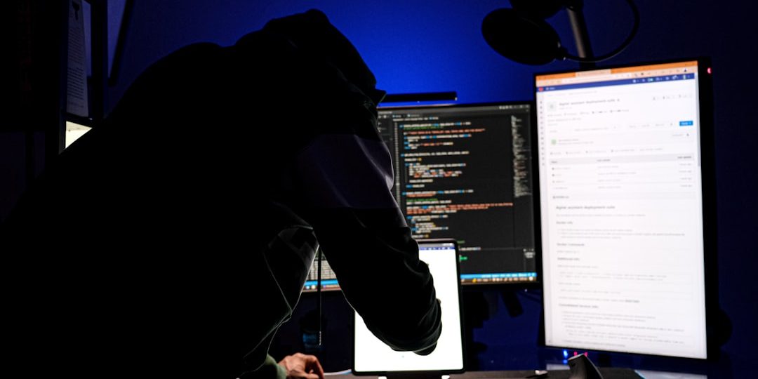 a man sitting in front of a computer monitor cybersecurity, professionals, threat detection