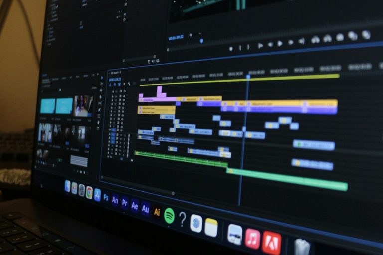 Video editing software interface on a laptop screen. happy video editor, smooth timeline, editing software success